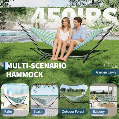 Hamac Double avec Support - 450 lbs, Toile Coton & Coussin Amovible - Pour Jardin, Intérieur/Extérieur, Vert
