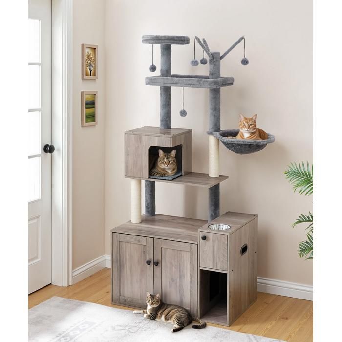 Arbre à Chat avec Maison de Litière pour Chat-HOOBRO-Maison pour Chat en Bois avec Tour à Chat-60 x 45 x 151 cm-Grège