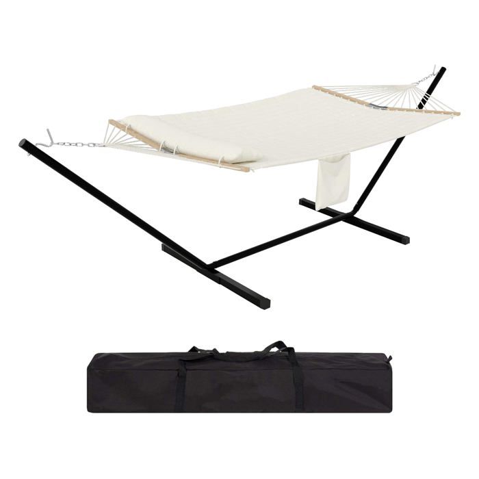 Hamac Double 12FT avec Support en Acier - Toile Matelassée 450LB - Barre en Bois Dur - Sac de Transport Inclus - Beige