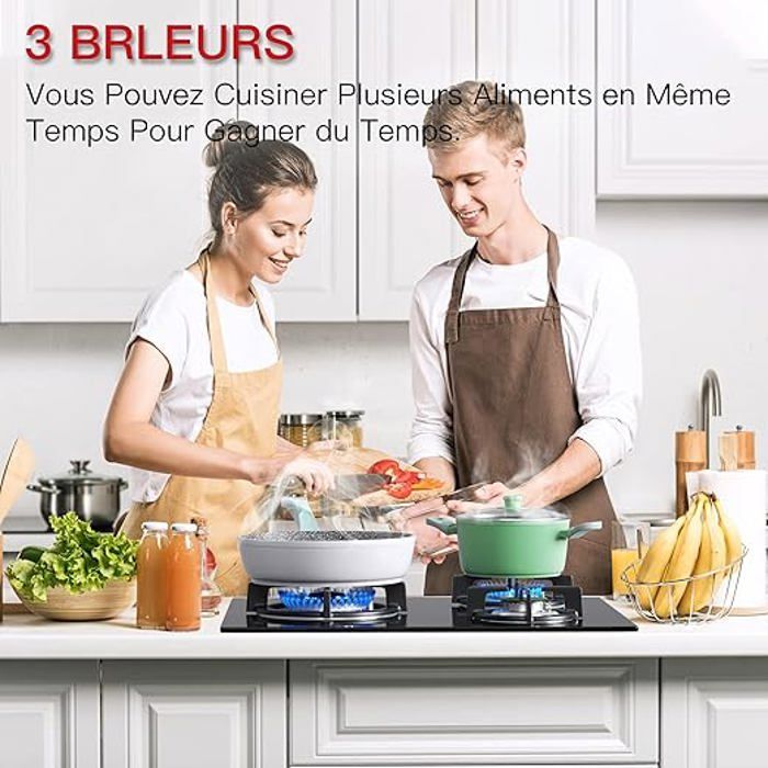 Plaque gaz encastrable - ISEASY - 4 feux 60 cm - Verre trempé - Supports fonte - Compatible NG/GPL