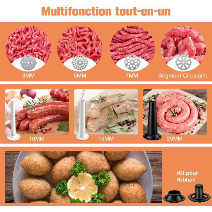 Hachoir à Viande Électrique 2800W - Écran Tactile - 11PCS avec 2 Lames 4 Inox Disques 3 Kit de Saucisse 1 Kubbe 1 Brosse - Argent