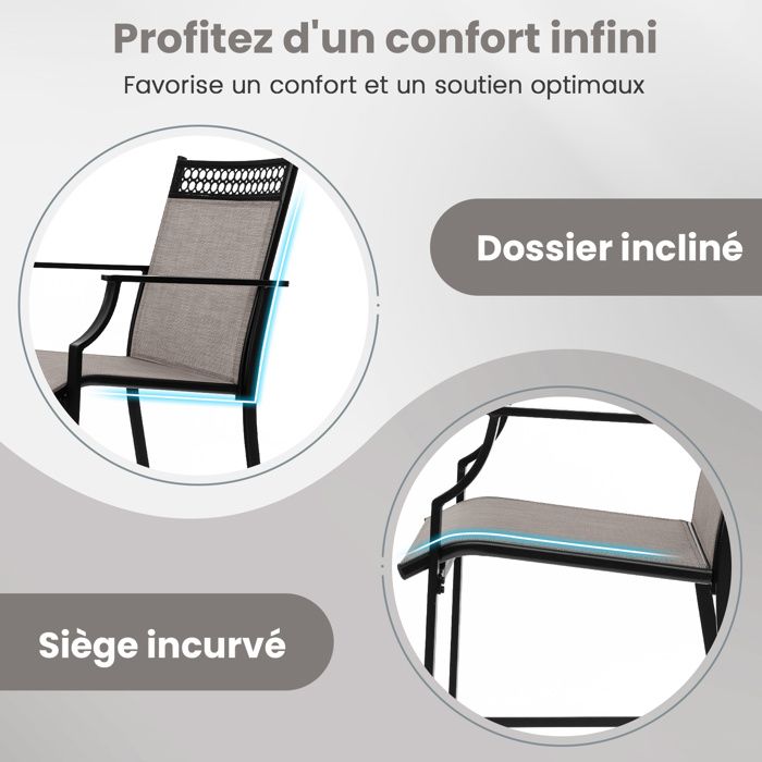 COSTWAY Lot de 2 Chaises de Jardin, Tissu Respirant, Chaises à Manger Empilables avec Accoudoirs, pour Patio Terrasse Porche, Noir