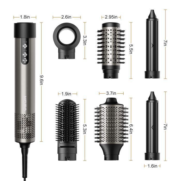 Brosse soufflante haute vitesse - MCURO - 6 en 1 1500W - 3 Vitesses & 3 Températures - Thermostat intelligent - Soin Cheveux - Gris