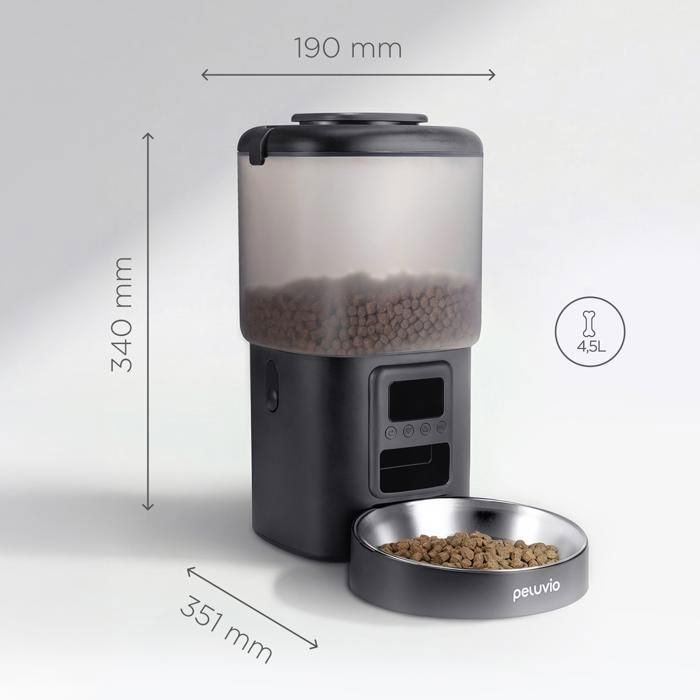 Distributeur de croquettes Automatique Chat PELUVIO Crispy - WiFi - 4,5 L - 4 Repas/jour - Enregistrement Vocal - Noir