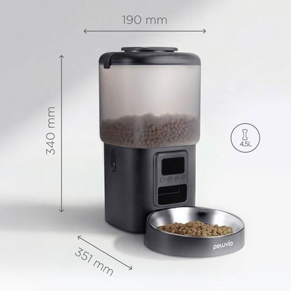 Distributeur de croquettes Automatique Chat PELUVIO Crispy - WiFi - 4,5 L - 4 Repas/jour - Enregistrement Vocal - Noir
