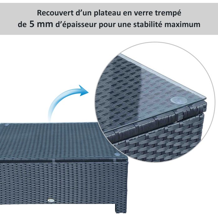 Table basse de jardin - Outsunny - plateau verre trempé 5 mm résine tressée terrasse - résine - 85x50x39cm - marron