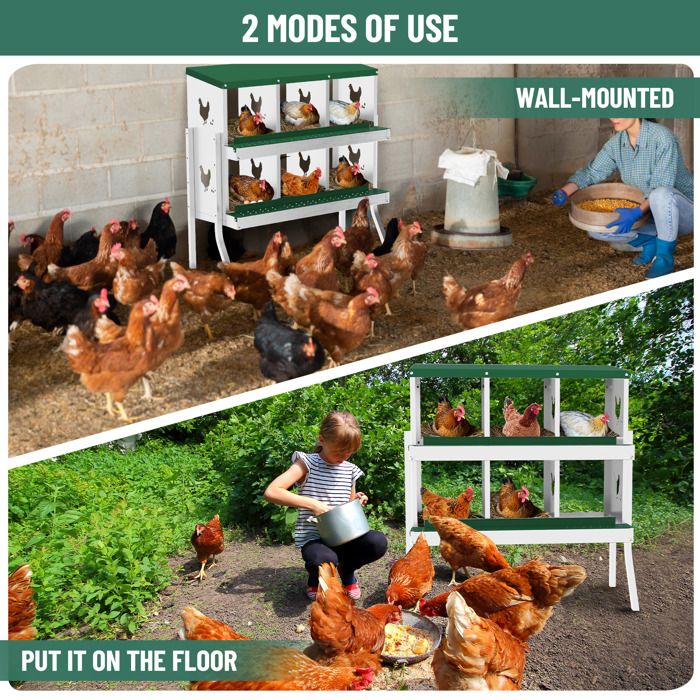 Pondoir Poules Pondeuses 6 Compartiments, Poulailler en Acier Galvanisé, Collecte des Œufs, Couvercle Amovible, Pied, Vert