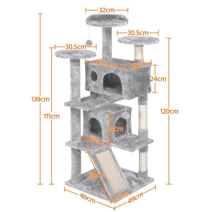 Yaheetech Arbre à Chat Chatons Grattoir Griffoir avec 3 Plateformes/2 Niches/Poteaux en Sisal 49,5 x 49,5 x 137 cm Gris foncé
