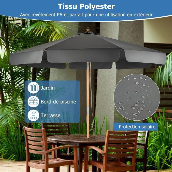 COSTWAY Parasol pour Terrasse Inclinable Dia.3M avec Manivelle Anti-UV,Protection Solaire Toile Polyester Imperméable Gris