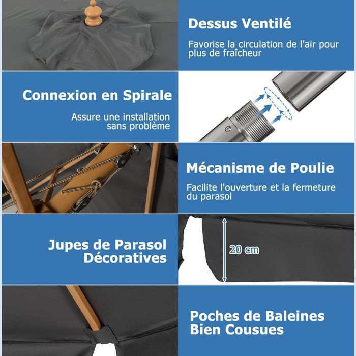 COSTWAY Parasol pour Terrasse Inclinable Dia.3M avec Manivelle Anti-UV,Protection Solaire Toile Polyester Imperméable Gris