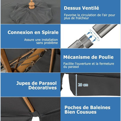 COSTWAY Parasol pour Terrasse Inclinable Dia.3M avec Manivelle Anti-UV,Protection Solaire Toile Polyester Imperméable Gris