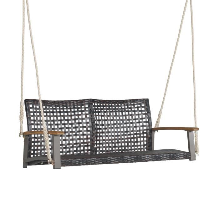 COSTWAY Banc Suspendu 2 Places en Rotin avec Cordes et Accoudoirs en Bois d'Acacia, Charge 360 kg, pour Jardin, Balcon, Marron