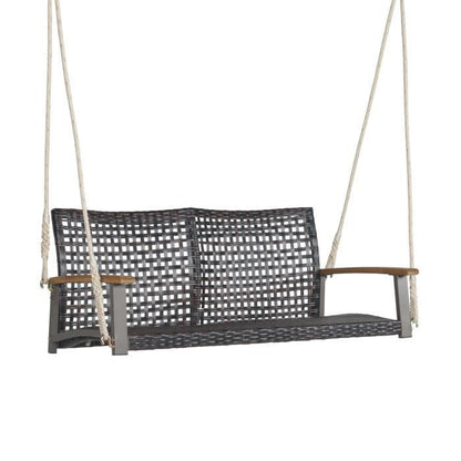 COSTWAY Banc Suspendu 2 Places en Rotin avec Cordes et Accoudoirs en Bois d'Acacia, Charge 360 kg, pour Jardin, Balcon, Marron