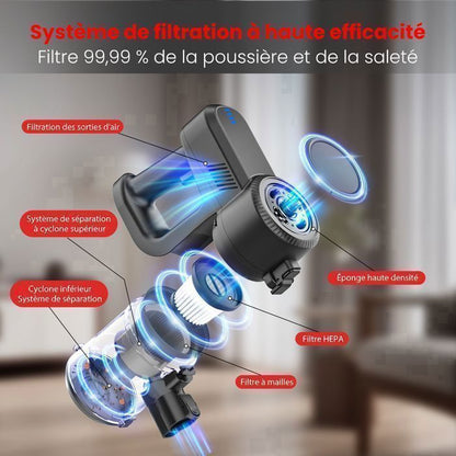 Aspirateur Balai Sans Fil Lamzien V8 - 30000PA/40min - HEPA Filtration Efficace -silencieux - léger - Lumière Verte