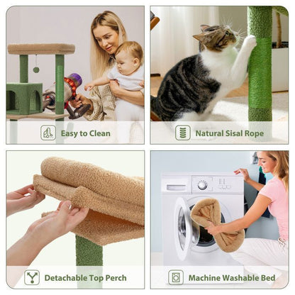 PAWZ Road Arbre à chat Design Spacieux Grande Hamac Dur Stable Avec hamac et belle maison pour chat - Cactus vert - 143 cm