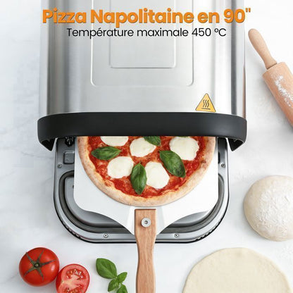 Four à pizza électrique professionnel - 80-450°C, Pizza en 90s, 6 Programmes, Pierre rotative 33cm, Coupe-pizza et pelle