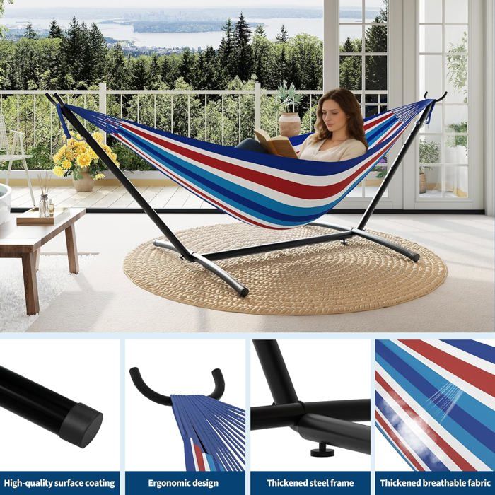 Hamac Double avec Support - 450 lbs, Toile Coton & Coussin Amovible - Pour Jardin, Intérieur/Extérieur, Vert