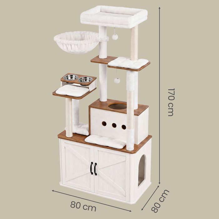 Arbre à Chat de 170 cm de Haut, Niche pour Chat, Meuble Cache-Litière, Marron et Blanc