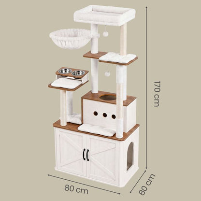 Arbre à Chat de 170 cm de Haut, Niche pour Chat, Meuble Cache-Litière, Marron et Blanc