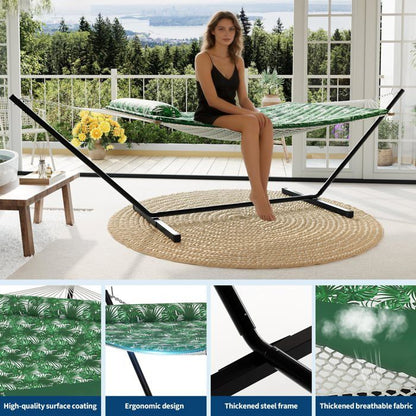 Hamac Double avec Support - 450 lbs, Toile Coton & Coussin Amovible - Pour Jardin, Intérieur/Extérieur, Vert