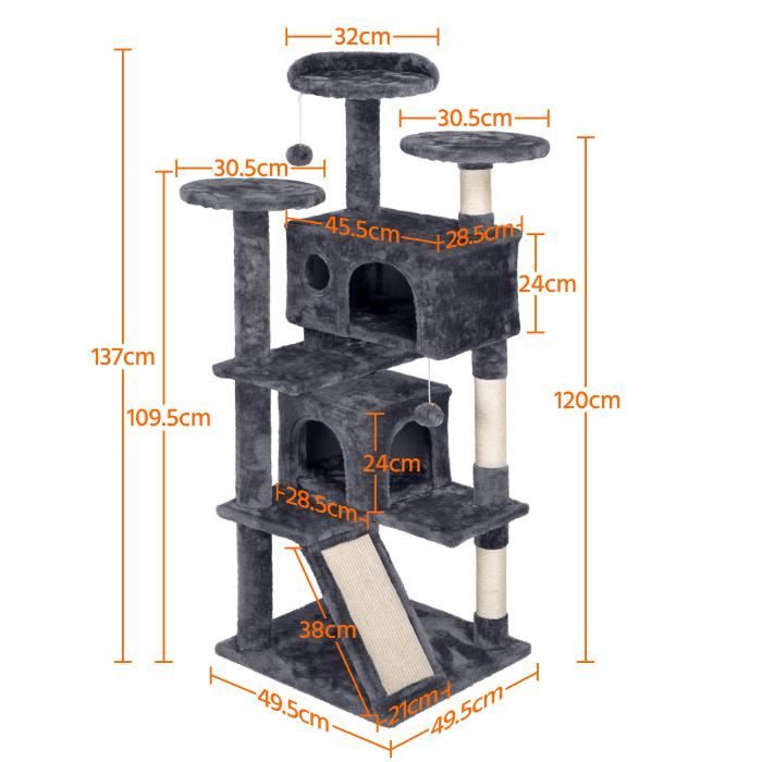 Yaheetech Arbre à Chat Chatons Grattoir Griffoir avec 3 Plateformes/2 Niches/Poteaux en Sisal 49,5 x 49,5 x 137 cm Gris foncé