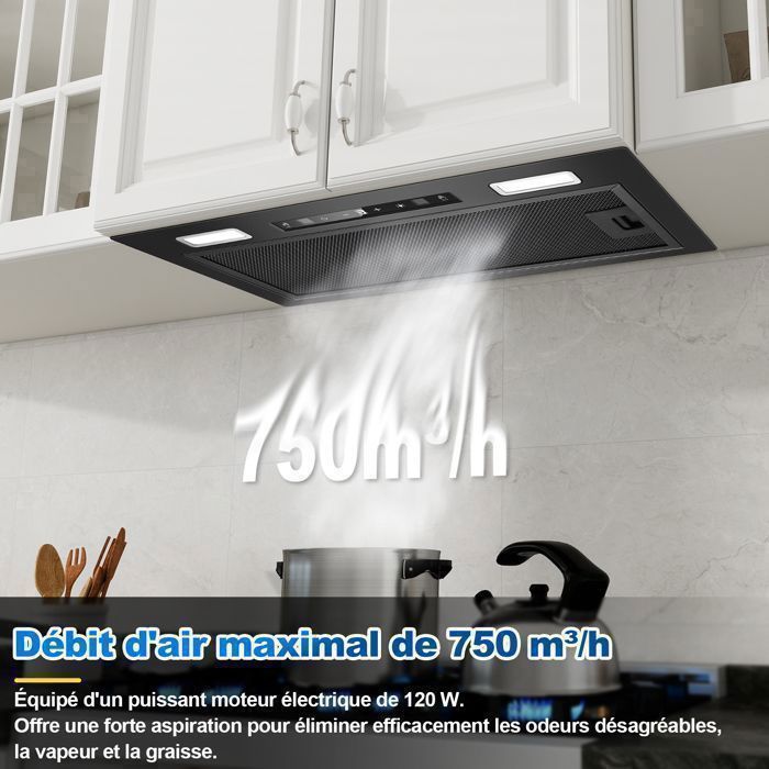 Hotte Aspirante-hotte encastrable-750 m³/h-L 52cm Kichpower -Gestuelle - Tactile - Booster - Recyclage avec Filtre à Charbon - A+++