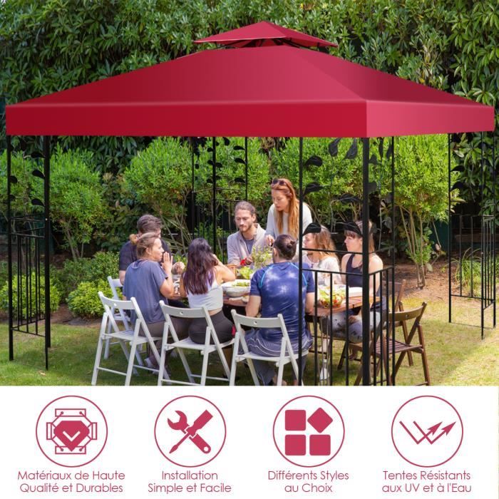Toile de Rechange pour Pavillon GOPLUS - Rouge - 3M x 3M - Polyester - Résistante aux intempéries et aux UV