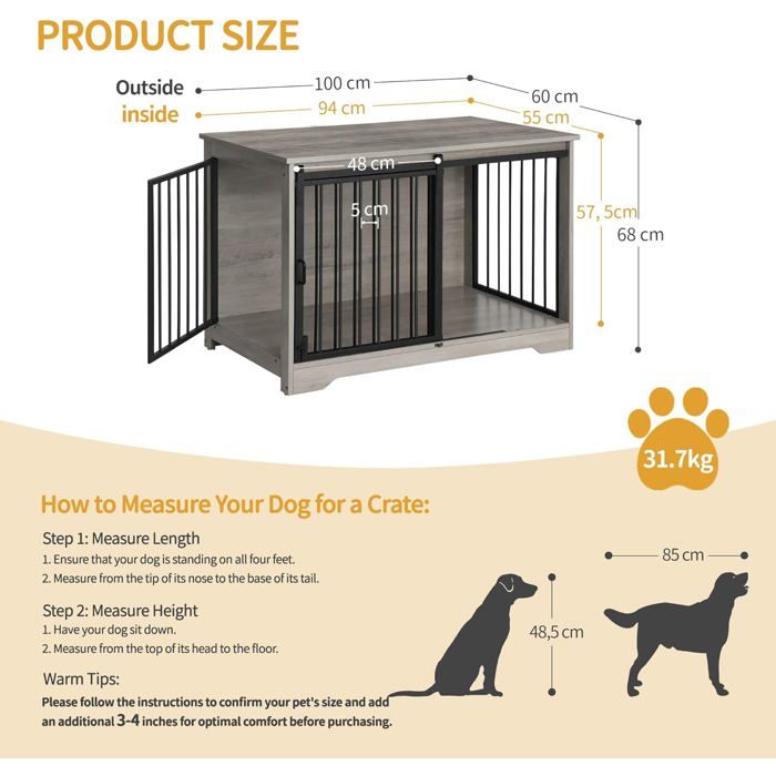 100cm Cage pour Chiens, Table d’Appoint, Niche Moderne pour Chiens, Cage pour Chiots, Maisonnette pour Animaux, 2 Portes