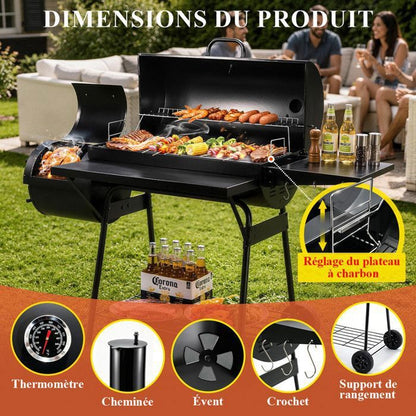 Barbecue Charbon de Bois avec Grille de Cuisson et Réchauffage - Barbecue avec Thermomètre, Broche électrique, 2 Tablettes Pliable