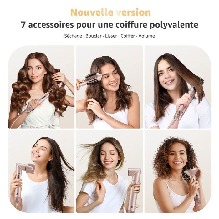 Brosse Soufflante Multifonction à haute vitesse 7 en 1 1400W | Ionique & NTC | Lisseur & Boucleur Auto | 12 Modes | Or Champagne