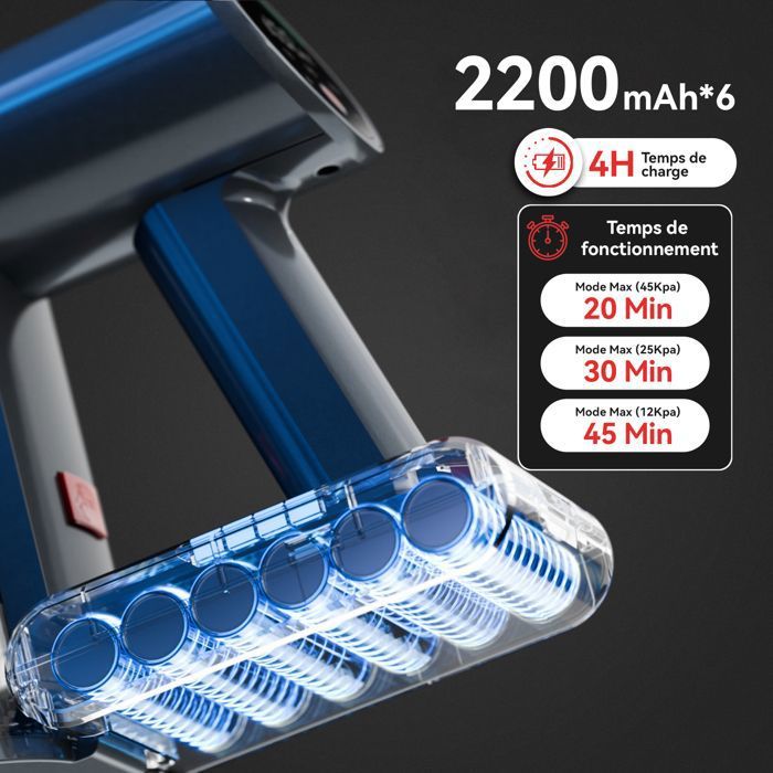 Aspirateur Balai Sans Fil Lamzien V8 - 30000PA/40min - HEPA Filtration Efficace -silencieux - léger - Lumière Verte