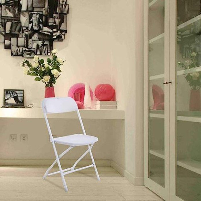 Lot de 8 chaises pliantes en plastique blanc, sièges commerciaux empilables portables intérieurs et extérieurs avec cadre en acier