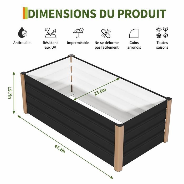 Bac de jardin surélevé en aluminium 240*100*40 cm – Anti-rouille, fond ouvert, coins arrondis, Gris, 1pc