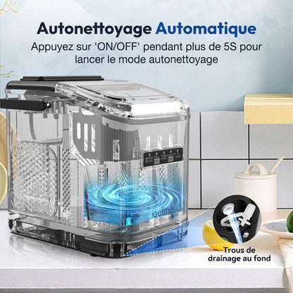 Machine à glaçons noire portable 12kg/24h, réservoir 1.4L, 9 glaçons en 6min, fonction autonettoyante, bruit inférieur 40dB