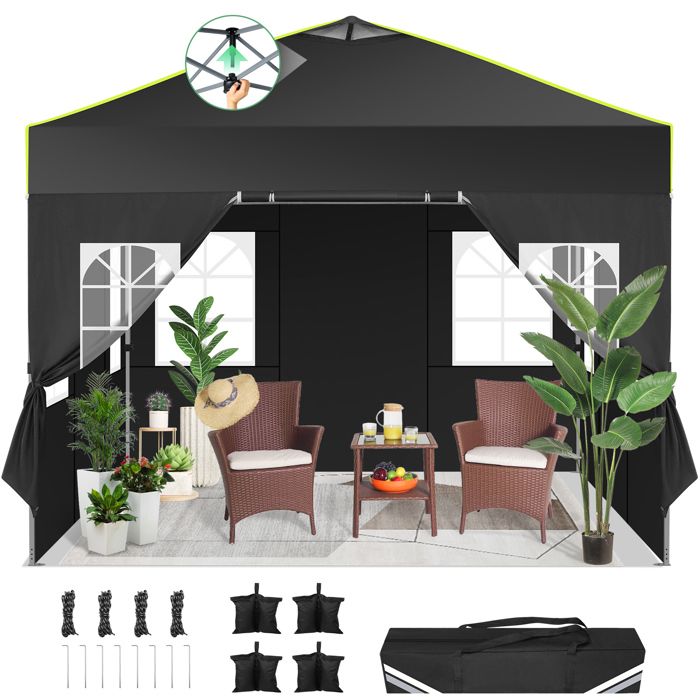 Tonnelle de Jardin Exterieur ImperméAble Tente De Reception Avec 4 Panneaux LatéRaux,Uv 50+ -Noir