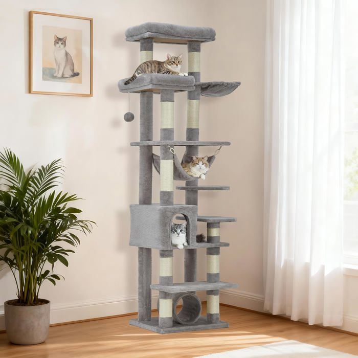 Arbre à Chat 2 en 1+ Enceinte de Litière Cachée - Meuble Chat Multiniveaux, Poteaux à Gratter, Boules Suspendues, Armoire - Marron