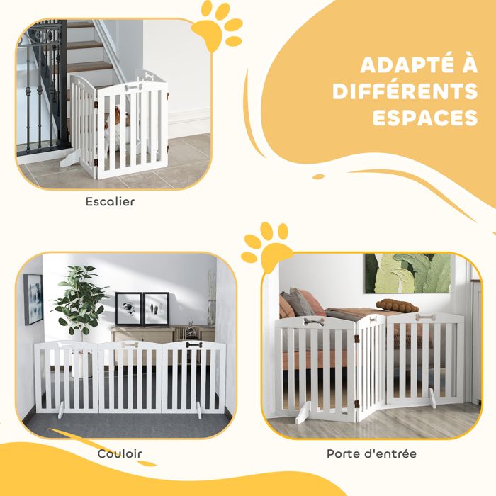 Barrière de sécurité chien - PawHut - avec pieds de support, pointes antidérapantes - 4 panneaux - 207,5 x 30 x 61 cm - blanc