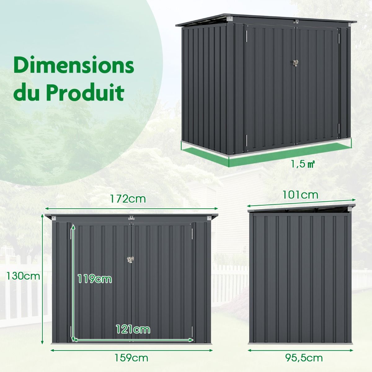 Abri de Stockage en Métal Galvanisé pour Poubelles Extérieur Abri de Jardin Verrouillable avec Toit Ouvert 2 Portes 172X95,5X130CM Gris