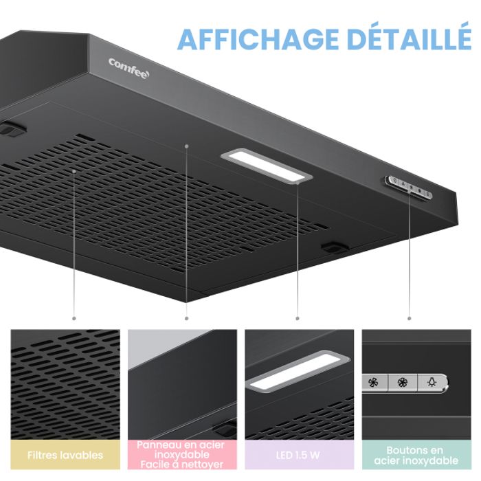 Hotte Aspirante Casquette Visière- 60cm Comfee - 3 Vitesses - Évacuation & Recyclage - LED Lampe - Filtre En Coton Argent - En Inox
