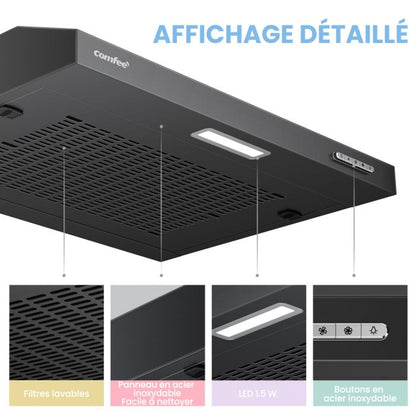 Hotte Aspirante Casquette Visière- 60cm Comfee - 3 Vitesses - Évacuation & Recyclage - LED Lampe - Filtre En Coton Argent - En Inox