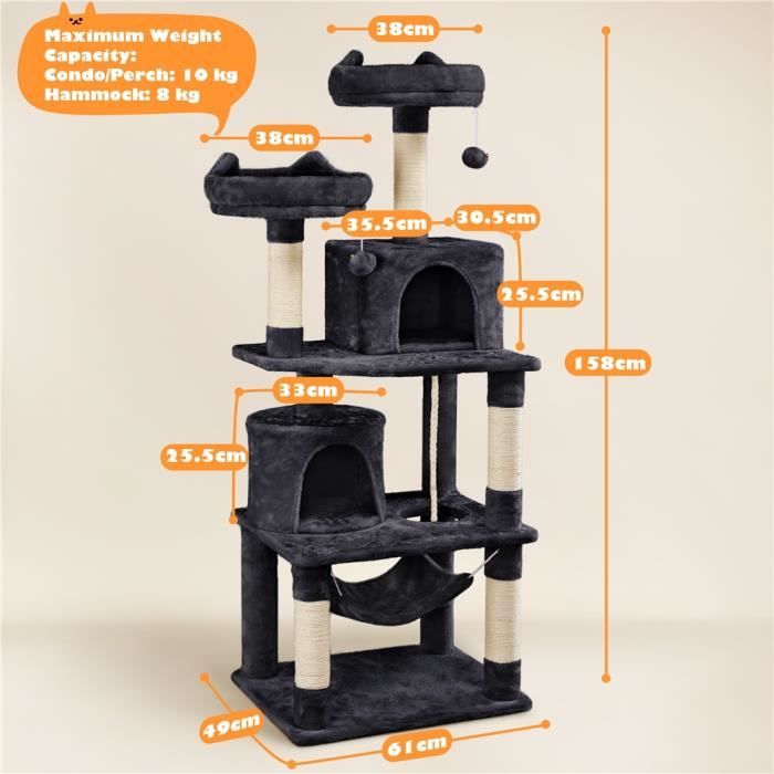Arbre à Chat YAHEETECH - Tour à Griffer avec 2 Niches-Hamac Colonne en Sisal - Hauteur 158 cm Noir
