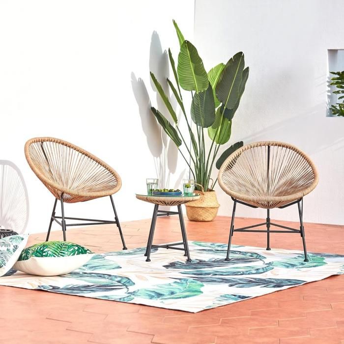 Acapulco : Ensemble 2 fauteuils oeuf + table basse gris clair