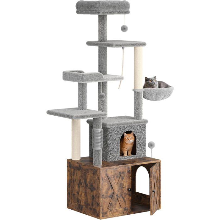 Arbre à Chat 2 en 1+ Enceinte de Litière Cachée - Meuble Chat Multiniveaux, Poteaux à Gratter, Boules Suspendues, Armoire - Marron