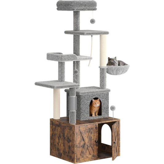 Arbre à Chat 2 en 1+ Enceinte de Litière Cachée - Meuble Chat Multiniveaux, Poteaux à Gratter, Boules Suspendues, Armoire - Marron