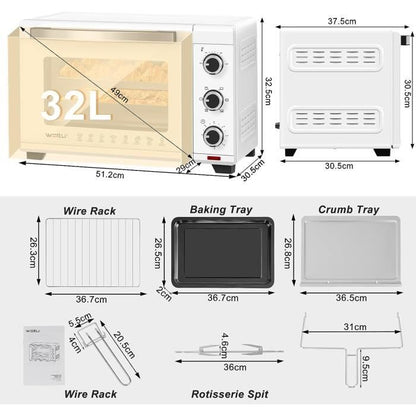 Mini four électrique WOLTU - 32L - 1600W - Blanc - Chaleur inférieure et supérieure - Minuterie 60 min