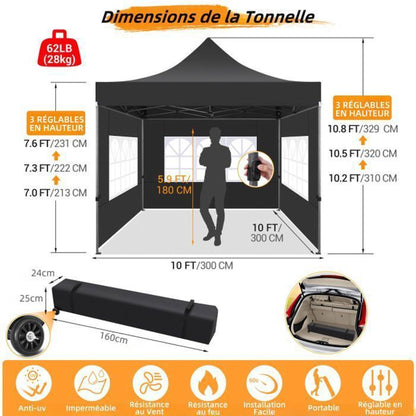 Tonnelle 3x3m Tonnelle Pliante de Jardin imperméable avec 4 côtés - Barnum Pliable Pavillon extérieur - Noir