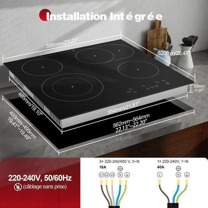 Plaque Vitrocéramique 4 Feux Encastrable,Sndoas 60cm Table de Cuisson,9 Niveaux de Puissance, Minuteur Intégré,6700W