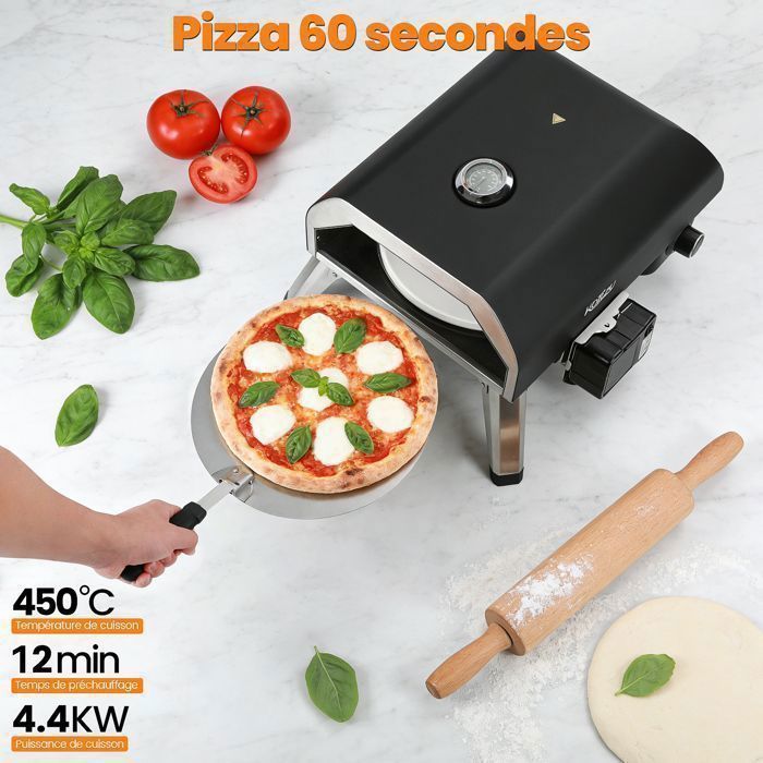 Four à pizza électrique professionnel - 80-450°C, Pizza en 90s, 6 Programmes, Pierre rotative 33cm, Coupe-pizza et pelle