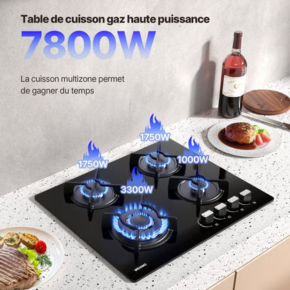 Plaque de Cuisson Gaz - WEHIMO - 4 Feux - Inox - Encastrable - L59 x P51 cm