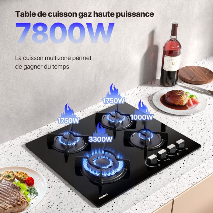 Plaque de Cuisson Gaz - WEHIMO - 3 Brûleurs - Verre Trempé - Allumage par Impulsion - 60x51 cm